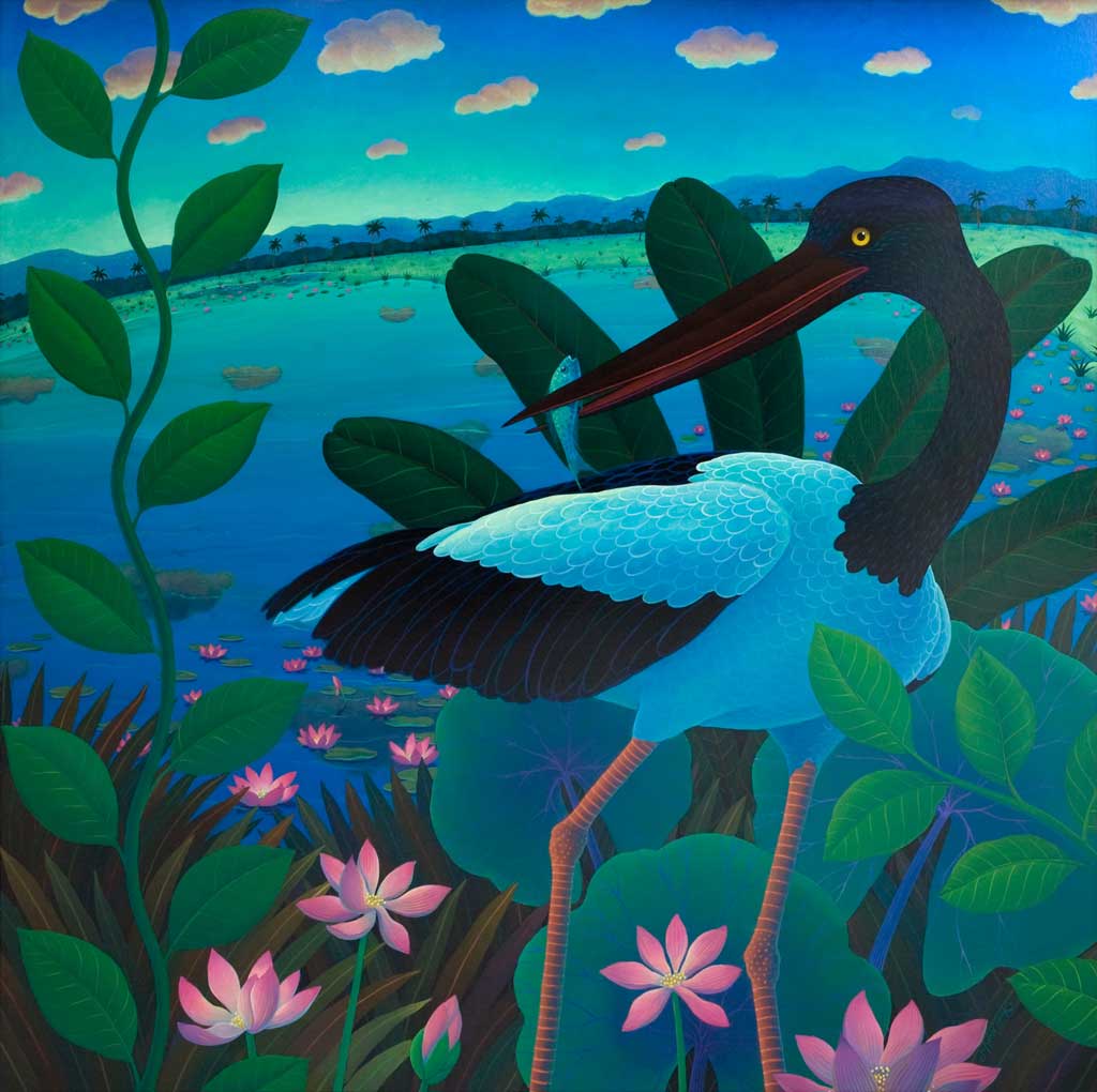 Jabiru with Waterlillies