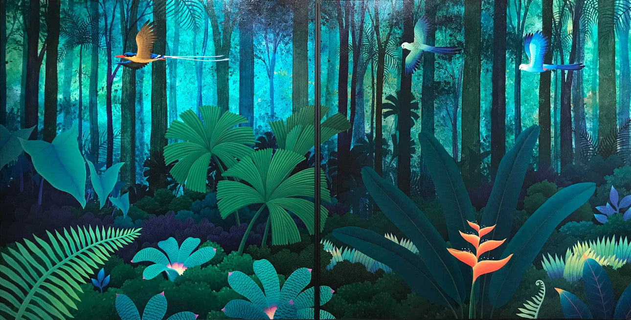 "Rainforest with Kingfisher" and "Rainforest with Rosellas"