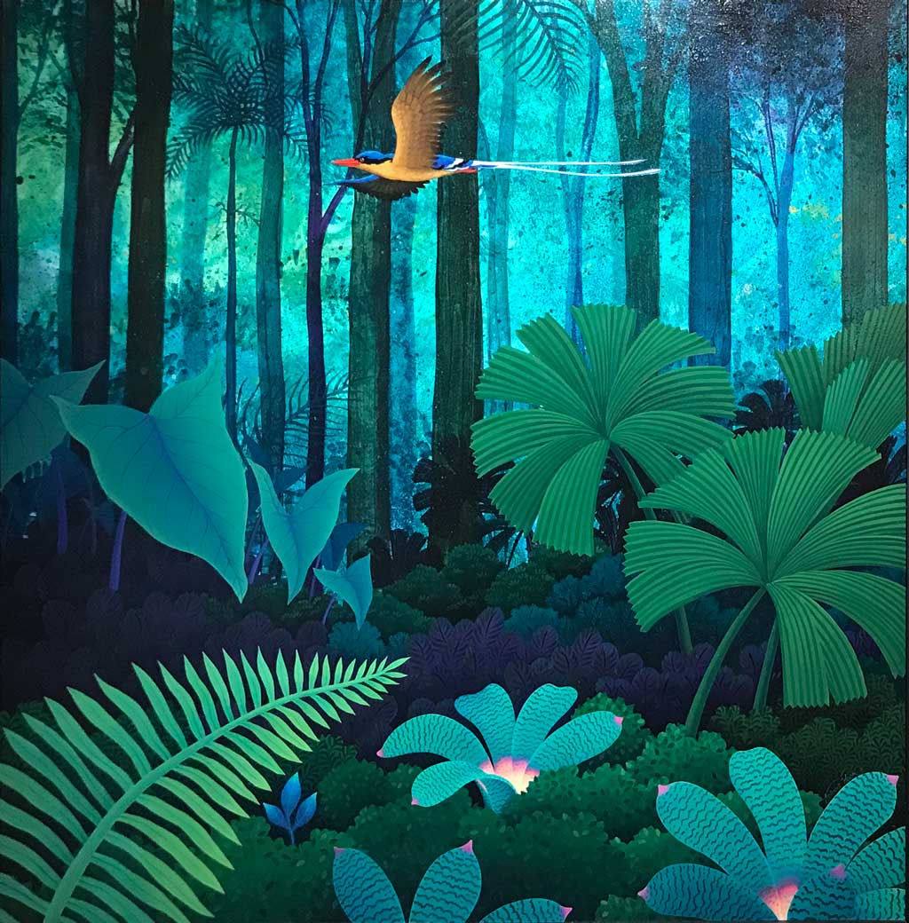 "Rainforest with Kingfisher" and "Rainforest with Rosellas"