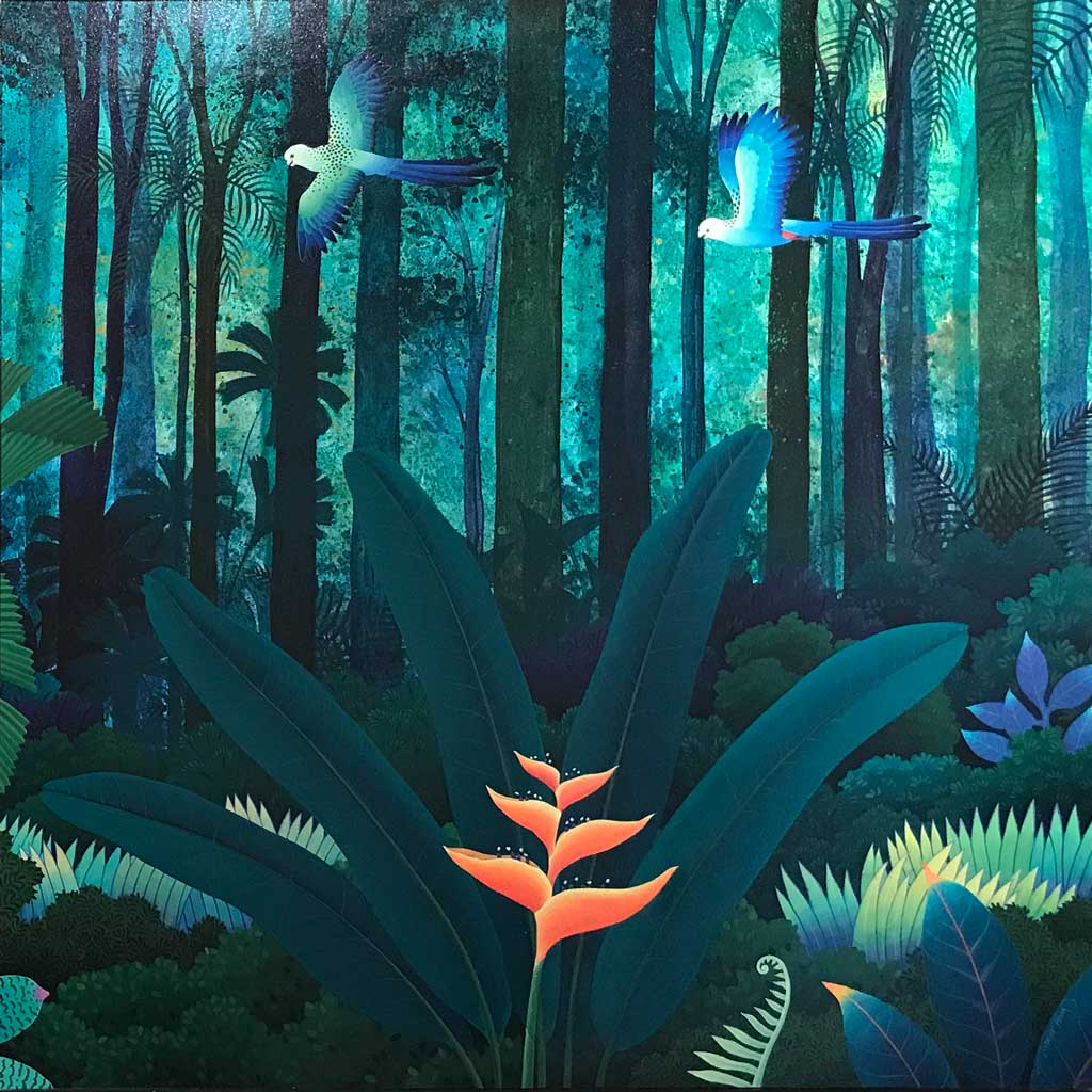 "Rainforest with Kingfisher" and "Rainforest with Rosellas"